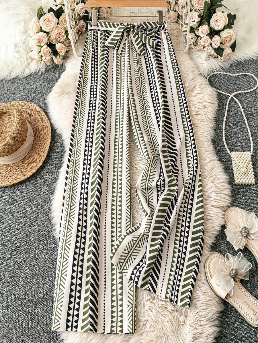 SHEIN LUNE 度假休闲满版印花松紧腰阔腿裤 - 軍綠色 - 查看 1