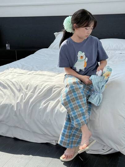 Dazy Kids 女童圆领针织印花短袖T恤+格子长裤舒适休闲家居服春夏