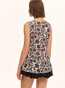 Chiquease French Retro Minimalist Waist-Cinched Slim Fit Black & White Floral Pattern Sleeveless Women Shirt