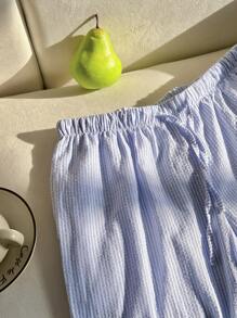 Elamini 蓝白条纹褶皱纹理低腰抽绳系腰侧袋直筒裤，超柔软舒适休闲家居服女士日常下装，夏季 - 藍色 - 查看 5