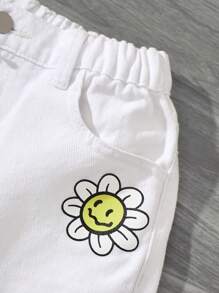 SHEIN Preteen Girls' Ripped & Washed Graffiti Print Denim Shorts - White - View 5