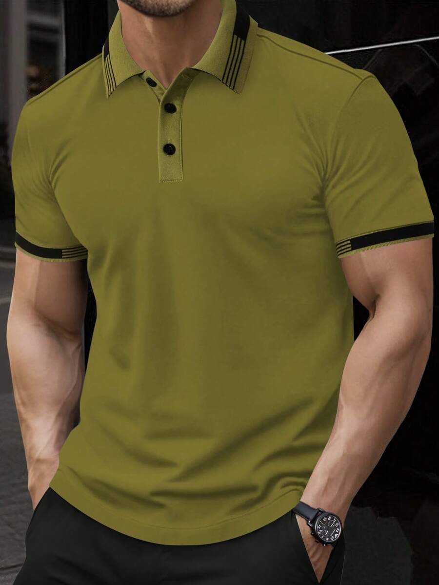 Manfinity Homme Men's Summer Casual Contrast Trim Short Sleeve Polo Shirt Polo Shirts For Men Collar - Olive Green - View 1