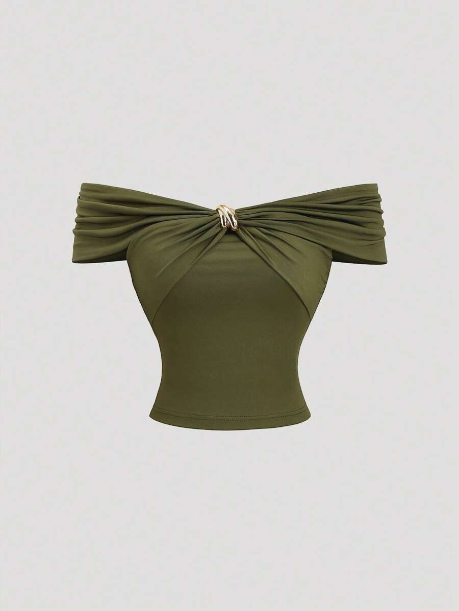 Sweetra Áo vải mềm màu xanh lá cây hở vai mới cho nữ, thiết kế gợi cảm thích hợp mặc đi làm và mặc hàng ngày, trang trí màu vàng, xuân/hè - màu xanh lá - Xem 1