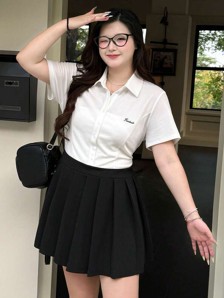 Dazy Plus Plus Size Polo Collar Embroidered Letter Contrast Patchwork Pleated Mini Dress Milkmaid Dress Sundress Shirt Dress,Casual Women Dresses