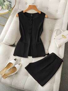 SHEIN LUNE 大码纯色前扣无袖休闲上衣和短裤套装 西装 女式波西米亚风 90 年代服饰 节日 复古风 女士夏季服装 夏季波西米亚风 复古风 女士夏季服装 春假狂欢服装 节日 春假服装 - 黑色 - 查看 1