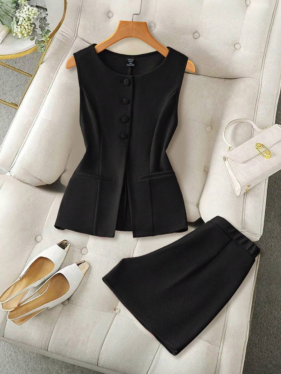 SHEIN LUNE 大码纯色前扣无袖休闲上衣和短裤套装 西装 女式波西米亚风 90 年代服饰 节日 复古风 女士夏季服装 夏季波西米亚风 复古风 女士夏季服装 春假狂欢服装 节日 春假服装 - 黑色 - 查看 1