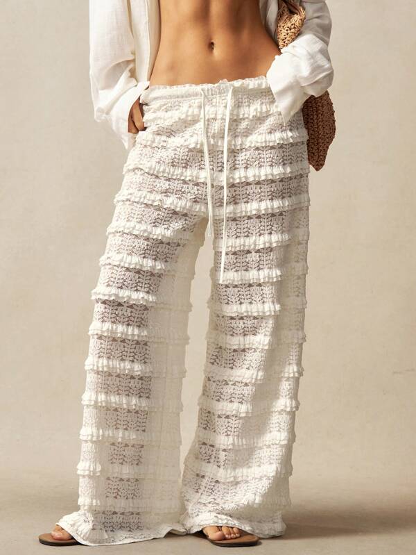 Bohemela Women's Solid Color Crochet Lace High Waist Straight Leg Pants, Casual Beach Vacation Summer