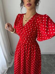 Chiquease 女士波尔卡圆点印花重叠 V 领短袖优雅中长连衣裙 - 紅色 - 查看 7
