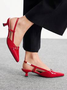 CUCCOO BIZCHIC Women's Pointed Toe Kitten Heel Red Backstrap Comfortable Versatile Commute & Casual Flat Slip-On Shoes