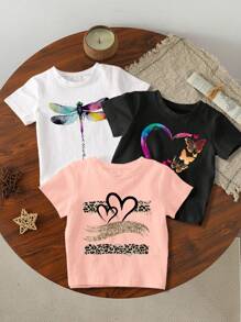 SHEIN 年轻女孩 3 件夏季豹纹心形彩虹蝴蝶复古蜻蜓印花 T 恤套装 - 彩色 - 查看 4