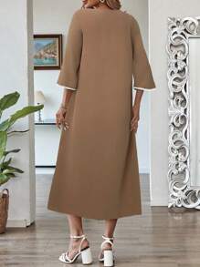 EMERY ROSE Women's Modest Khaki Midi Dress With Contrast Lace And Three-Quarter Sleeves - Khaki - View 2