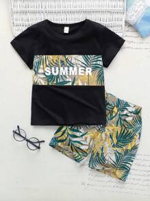 SHEIN 男童字母和葉子印花短袖t恤和短褲