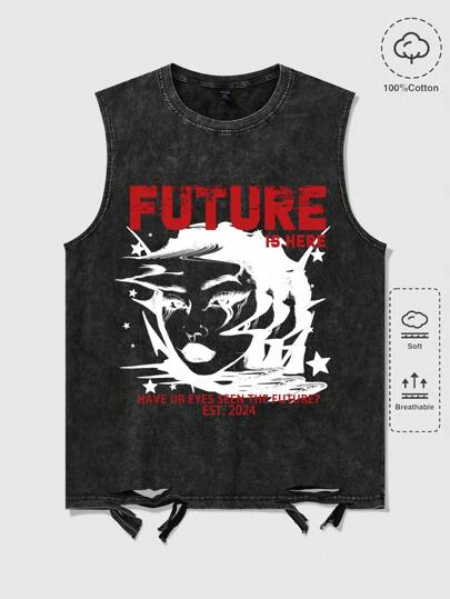 Anime ملابس علوية كبير أكمام بطراز مهترئ مطبوع بالأحرف والشخصيات على الحواف المهترئة للرجال