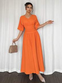 Firerie Damen elegantes Sommer Lässig Pendler Urlaub orange helle Farbe V-Ausschnitt Kurzarm Taillengegurtetes A-Linien Midi-Kleid