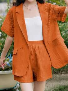 SHEIN Conjunto de 2 piezas de talla grande de verano, informal, de unicolor, con top de manga corta y shorts - Naranja Quemada - Ver 1