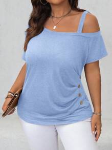 SHEIN LUNE Plus Size Plain Oblique Shoulder T-Shirt, Fashionable For Summer - Baby Blue - View 5