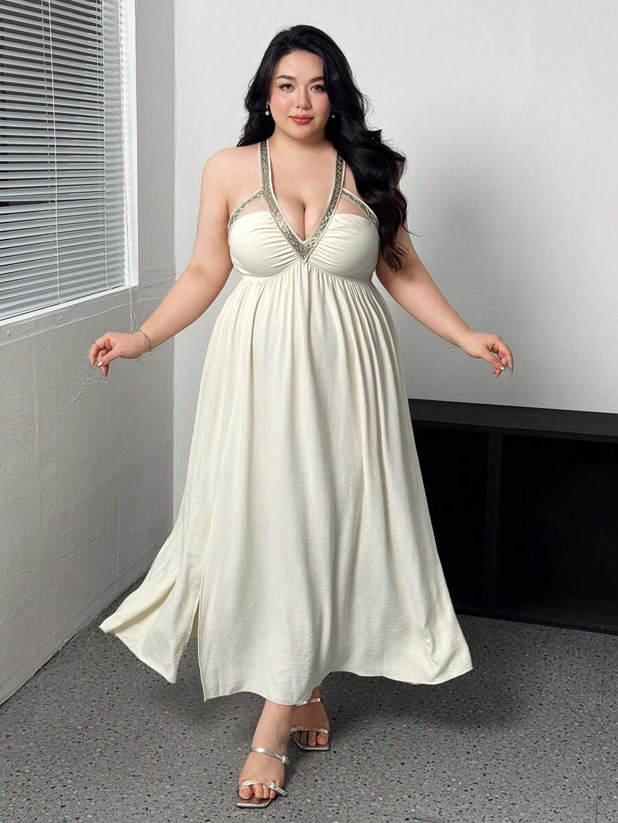 Celure Plus Size V-Neck Backless Elegant Sleeveless Dress For Spring And Summer