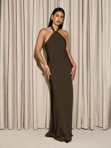 AiiRZ 露背长款晚礼服，无袖修身缎面拖地长款派对正式婚礼宾客礼服，配金色配饰 - 棕色 - 查看 4