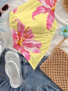 Soleia Casual Large Floral Pattern One Shoulder Fitted Cropped Asymmetric Women Top, Suitable For Summer Vacation,Rave Top Suitable For Going Out - Multicolor - View 3