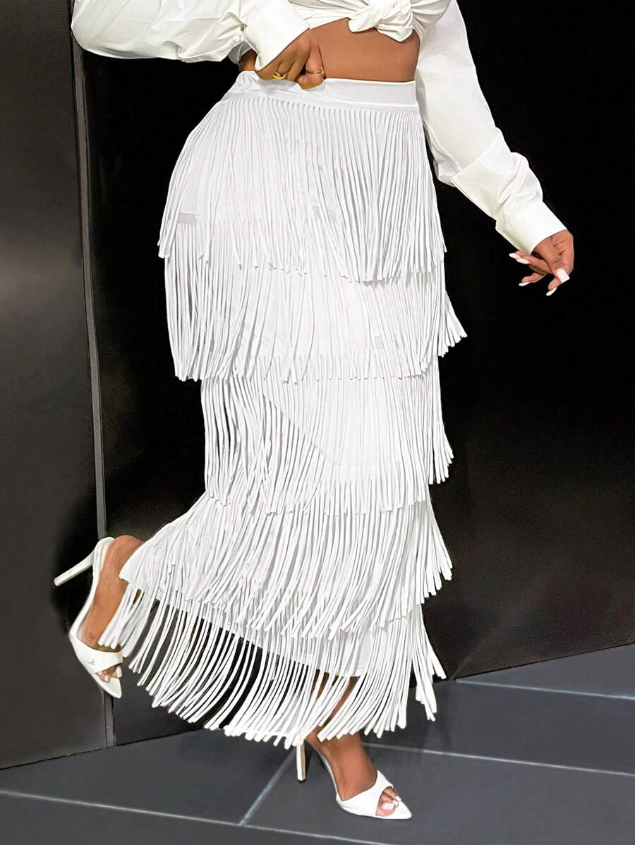 Slaydiva Váy mini tua rua màu xanh lá cây bơ cao cấp thanh lịch dành cho nữ - trắng - Xem 1