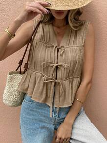 SHEIN Frenchy 女士度假休闲纯色系带无袖衬衫 - 摩卡棕 - 查看 5