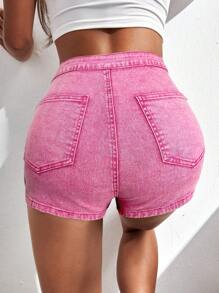 SHEIN ICON Pantalones cortos vaqueros casuales de tiro alto y estilo ceñido, versátiles, para mujer - Rosa Fucsia - Ver 2