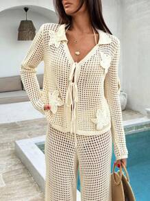 EURMUSE 女士夏季钩针海滩度假春季度假装波西米亚风纯棉白色派对太阳裙套装女式两件套沙滩装 - 米色 - 查看 3