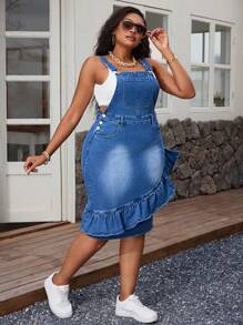 大码女式口袋拼布荷叶边下摆休闲牛仔连身裙