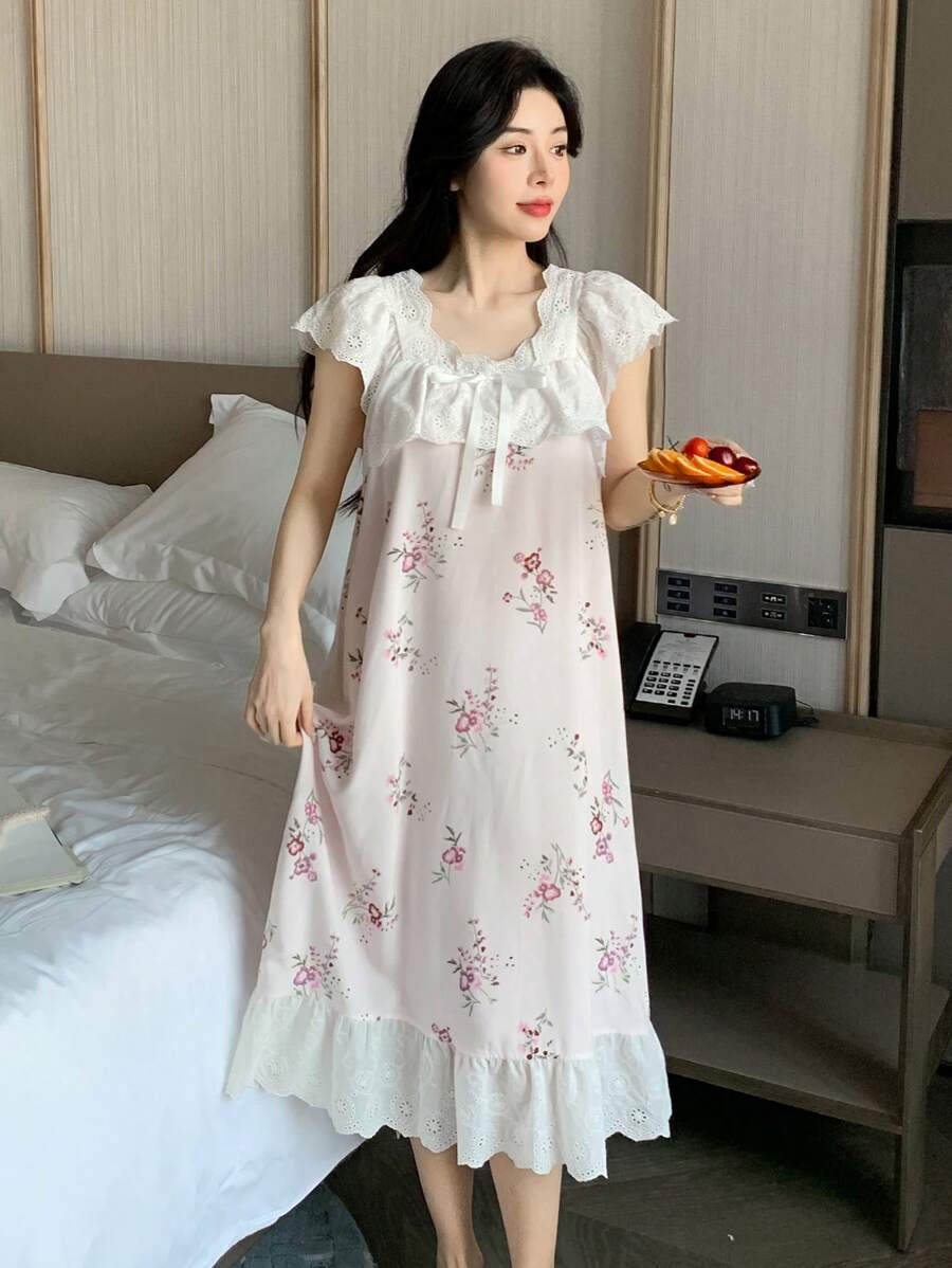 DAZY Women's Plant & Floral All Over Print Ruffle Hem Nightgown Pajama - White - View 1