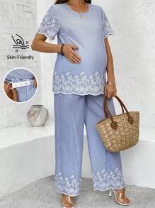 SHEIN 2pcs/Set Maternity Striped Top And Adjustable Waist Wide Leg Pants - Blue and White - View 1