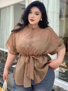 Dazy Plus 纯色翻领插肩袖系腰衬衫 - 卡其色 - 查看 6