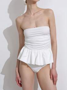 SHEIN LUNE Bodysuit Wanita Kasual Tanpa Tali dengan Detail Kerut, 2 In 1, Desain Kerut, Lucu & Menawan, Warna Polos - Putih - View 2