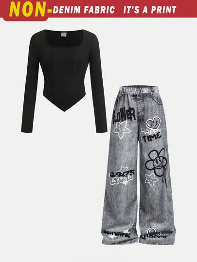 SHEIN Girlism Conjunto informal de ropa urbana para niña preadolescente, que incluye top de manga larga asimétrico con bajo en V y pantalones de pierna ancha holgados con efecto de mezclilla y estampado de graffiti, estilo dulce y fresco para volver al colegio