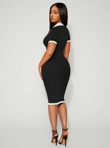 SHEIN SXY Nuevo vestido de suéter ajustado y sexy de primavera/verano para mujer con cuello alto, bloqueo de color acanalado, cintura ceñida y silueta adherente - Blanco y Negro - Ver 2