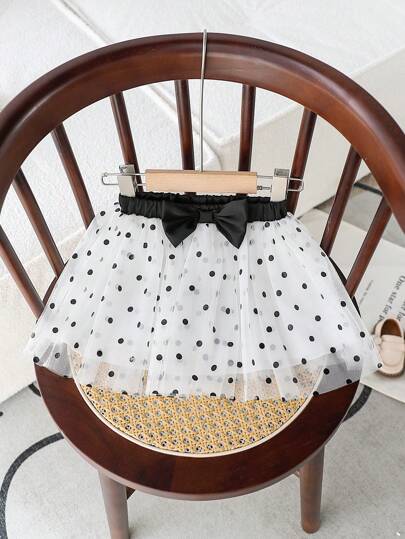 New Spring/Summer Baby Girls Comfortable Fashion Polka Dot Mesh Bow Decor Skirt, Skin-Friendly Fabric, Suitable For Indoor & Outdoor Activities