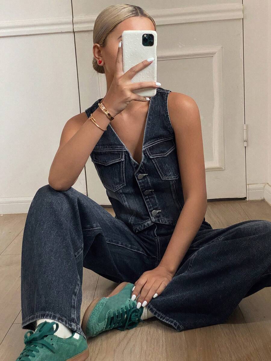 DAZY Women's Washed Denim Vest And Loose Fit Jeans Set, Casual Outfit - Dark Wash - View 1