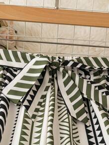 SHEIN LUNE 度假休闲满版印花松紧腰阔腿裤 - 軍綠色 - 查看 4