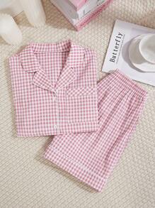 Set de 2 piezas con top de manga corta y shorts en estampado a cuadros de burbujas rosas, de estilo casual y elegante para mujer