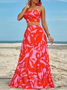 BamGleam Ruched Side Twist Bandeau Top And Split Thigh Ruffle Hem Skirt Set - Red - View 4