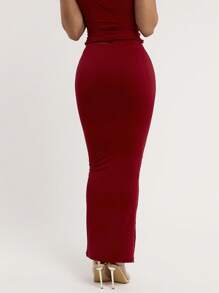 Silquee Falda lápiz básica de color rojo borgona, de tela elástica y suave, diseño de ajuste cómodo para mujeres de talla grande, diseño de moda con artesanía especial de empalme, certificada internacionalmente - Burdeos - Ver 4