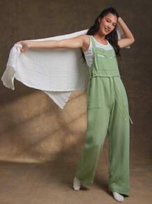 WESTFADE Peto informal de verano de pernera ancha de color verde salvia, con cuello cuadrado de gasa tejida, cierre delantero con cremallera, bolsillo, cintura con cordón y estilo relajado para vacaciones en la playa occidental - Verde - Ver 1
