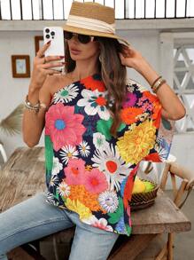 SHEIN Clasi 女士新款时尚优雅斜肩不对称宽松花卉印花假日衬衫乡村装女士海滩度假装女士衬衫波西米亚风女装罩衫外出上衣女士衬衫女士度假装女士衬衫日常穿着波西米亚风/波西米亚风、假日、度假风格夏季海滩婚礼宾客女士休闲夏季外出衬衫