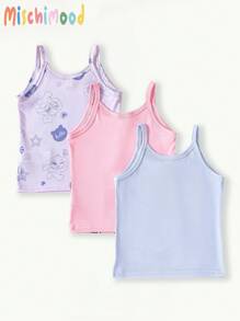 3-Pack Young Girl Cartoon Rabbit Print Cami Tank Tops, Light Blue, Light Purple, Light Pink - Multicolor - View 3