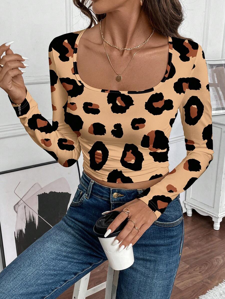 SHEIN LUNE 女士休闲修身豹纹方领长袖 T 恤，适合作为秋冬季内衣 - 彩色 - 查看 1
