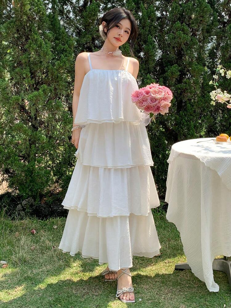 Women Elegant Solid Color Layered Dress, Pure Vacation Vibe, Midi Length Boho