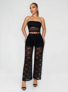 Sirith Women's Drawstring Waist Straight Leg Loose Elegant Lace Pants