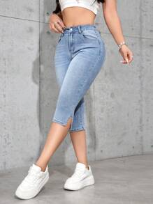 SHEIN EZwear Women's Summer Casual Washed Denim 3/4 Pants With Slant Pockets
