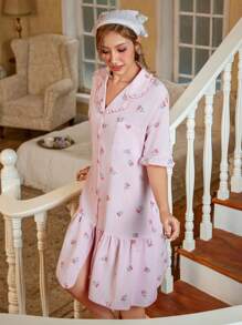 CottageSlumber 女士翻领短袖单纽扣花卉印花睡袍娃娃裙，完美夏季