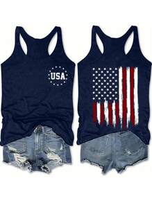 SHEIN LUNE USA Flag Graphic Crop Tank Top, Casual For Women, Suitable For Summer - Navy Blue - View 5