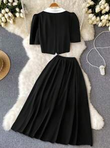 Rometta Bộ đồ 2 món cỡ lớn cho nữ, áo crop top tay bồng màu tương phản cài nút cổ bẻ và chân váy xếp ly chữ A, mùa xuân/hè - màu đen - Xem 2